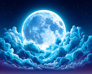 Wall Mural - Full blue moon rising above a sea of clouds at night
