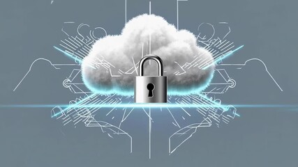 Poster - Secure cloud storage is visualized with a realistic white cloud and a locked padlock, symbolizing data protection and encryption in cyberspace