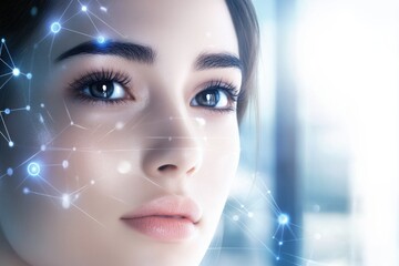 Poster - Woman with captivating eyes and digital connections in a modern environment in bright lighting