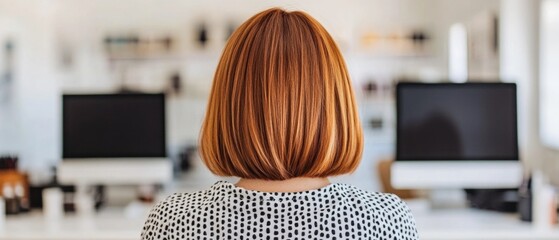 Poster - A woman with auburn bob haircut sits facing two computer monitors in a bright modern home office.
