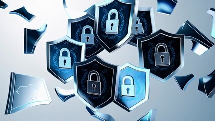 Aufkleber - Multiple dark shields with padlocks, surrounded by light blue and white digital fragments, symbolize robust data protection in a secure digital environment, isolated on a white background