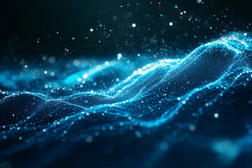 Poster - Blue digital sound waves with particles of light on a black background