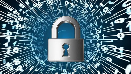 Poster - Metallic padlock spinning within swirling digital lines and binary code, representing comprehensive data encryption, network security, and cybersecurity protection concept