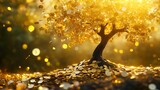 Magical golden money tree with sparkling coin foliage growing in a fantasy world symbol of endless success