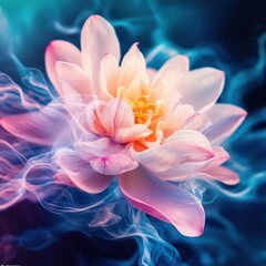 Leinwandbilder - A breathtaking pink lotus flower blossoms amidst swirling ethereal smoke creating a mystical and serene scene.