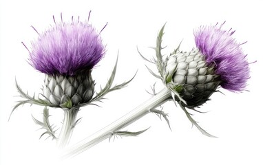 Poster - Two detailed botanical illustrations of vibrant purple thistle flowers and buds against a clean white background.