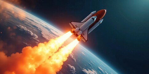 Wall Mural - Space shuttle ascends, Earth below Fiery exhaust trails , gases, astronomy