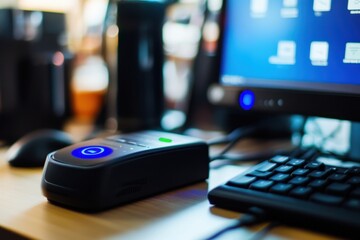 Fototapete - Working on a desktop setup with a computer, keyboard, and advanced communication device