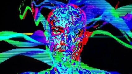 Poster - Artificial intelligence concept showing a colorful digital human head transforming and changing colors, with glitching effects and colorful lines moving around it on a black background