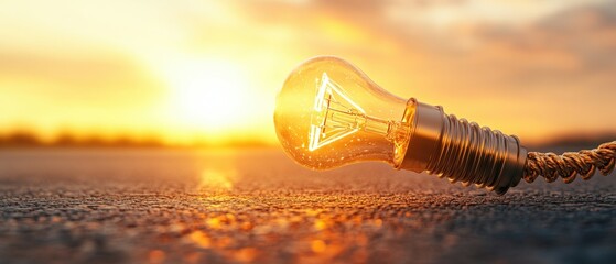 Aufkleber - A glowing light bulb rests on the ground at sunset symbolizing new ideas and innovative solutions for a brighter future.