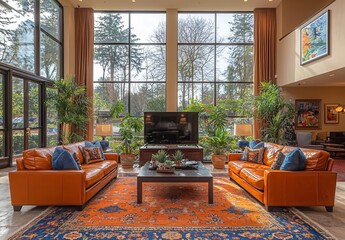 Poster - Cozy living room with modern decor, large windows, and vibrant furnishings creating a warm atmosphere. copy space, 300dpi, commercial use