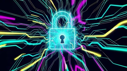 Poster - Glowing neon lines streaming across dark circuit board surface, converging on illuminated padlock icon representing comprehensive digital security and advanced data protection principles