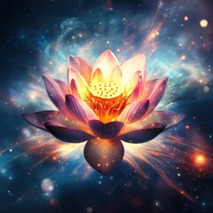Poster - A vibrant pink and orange lotus flower glows brightly in a cosmic nebula of swirling stardust and light.