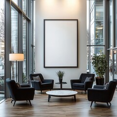 Poster - Modern interior design featuring stylish furniture and natural light in an inviting lounge space. copy space, 300dpi, commercial use