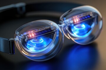 Poster - Futuristic smart glasses with blue lights showcasing innovative design and technology