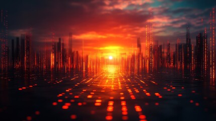 Poster - Fiery Digital Metropolis at Sunset: A Cyberpunk Cityscape