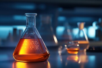 Poster - Laboratory equipment showcases vibrant orange liquid in glass flasks during scientific experiment