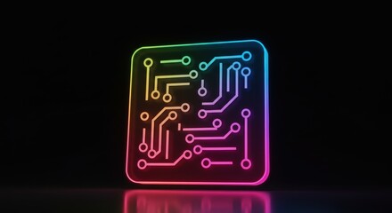 Poster - Neon Circuit Board Illustration Against Black Background with Colorful Light Reflections