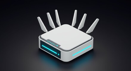 Poster - Modern White Router with Blue Lights on Dark Background for Network Access and Internet