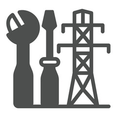 Aufkleber - Wrench with screwdriver and high voltage pole solid icon, electricity engineering concept. Vector graphics. Repair tools sign on white background, glyph style icon for mobile or web design.
