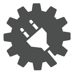 Poster - Cogwheel with fork plug and cord solid icon, engineering concept. Vector graphics. Electric fork on mechanism, cog sign on white background, glyph style icon for mobile or web design.