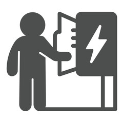Poster - Man and wires panel box with lightning solid icon, electrical service concept. Vector graphics. Human and electricity, electricia sign on white background, glyph style icon for mobile or web design.