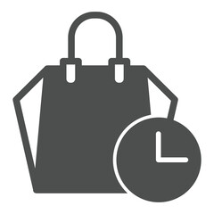 Poster - Paper bag with timer clock solid icon, black friday concept. Vector graphics. Packet for happy hour, shopping sign on white background, glyph style icon for mobile or web design.