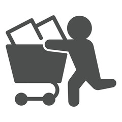 Poster - Man running with full cart solid icon, black friday concept. Vector graphics. Shopper with packages in trolley, shopping sign on white background, glyph style icon for mobile or web design.