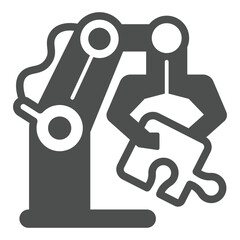 Poster - Jigsaw puzzle piece in robotic arm solid icon, robotics concept. Vector graphics. Robotic arm sign on white background, glyph style icon for mobile or web design.