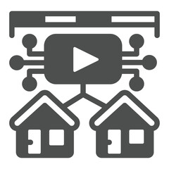 Fototapete - Media platform data with houses solid icon, assets and data concept. Vector graphics. Local provider video player, broadcast sign on white background, glyph style icon for mobile or web design.