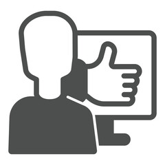 Fototapete - Man and monitor with thumb up like hand solid icon, neural dataset concept. Vector graphics. User feedback, likeness sign on white background, glyph style icon for mobile or web design.