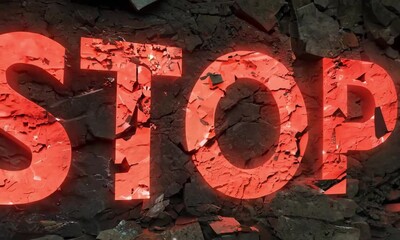 Poster - Bright Red STOP Typography Featuring Cracked Stone Texture Design made with Generative AI technology