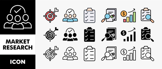 Poster - MARKET RESEARCH icon set with various styles and colors target markets, customer, evaluation, analysis, statistics, survey and trend