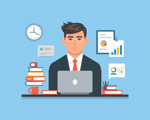 Poster - Busy Businessman Working with Laptop Analyzing Data and Report in Office