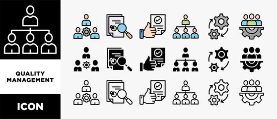 Poster - QUALITY MANAGEMENT icon set with various styles and colors process, workforce, management, analysis, organization and check