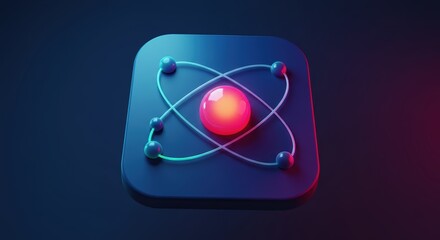 Poster - Neon Atom Icon on Dark Blue Background for Science Technology Design
