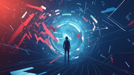 Poster - Digital landscape depicting a figure surrounded by data streams and analysis metrics in a futuristic setting