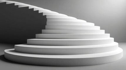 Poster - Elegant white staircase spiraling upward bathed in soft light creating an abstract architectural design