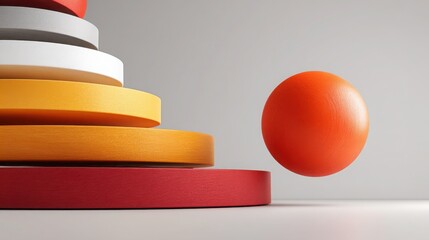Poster - Vibrant red egg resting on a stack of orange and white boxes creating a colorful composition of abstract layers