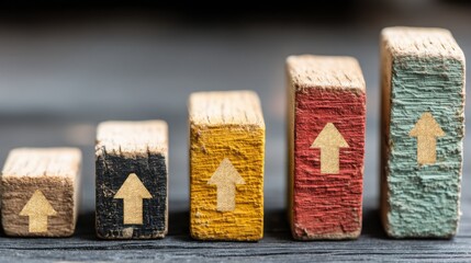 Poster - A row of wooden blocks decorated with colorful arrows indicating direction and growth creating an engaging visual display