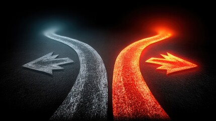 Poster - Diverging roads with arrows indicating opposite directions at a glowing crossroad symbolizing choices ahead