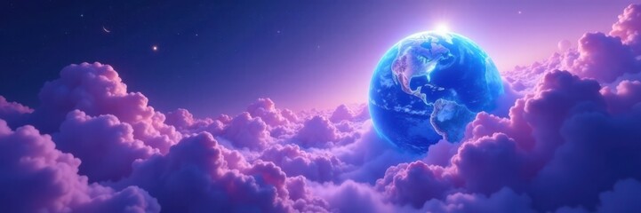 Ethereal blue planet amidst swirling purple clouds, celestial, astronomy