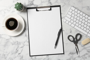 Aufkleber - Flat lay composition with clipboard and blank paper on white marble background . Space for text