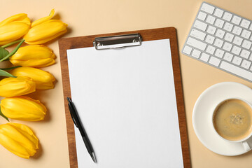 Aufkleber - Flat lay composition with clipboard and blank paper on beige background. Space for text