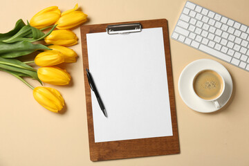 Aufkleber - Flat lay composition with clipboard and blank paper on beige background. Space for text