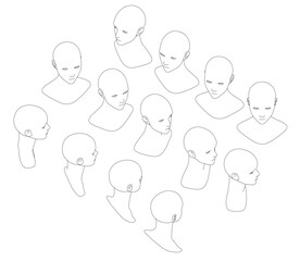 Poster - A series of drawings of heads in a grid. The drawings are all of same sizes and shapes