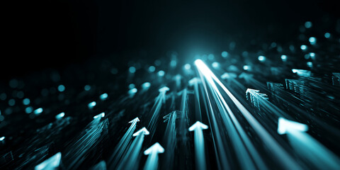 Poster - Abstract image of glowing teal arrows converging towards a bright light, symbolizing growth, progress, and upward mobility in business or technology
