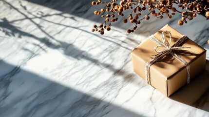 Poster - gift wrapped in brown paper sits on a marble surface beside dried flowers casting interesting shadow