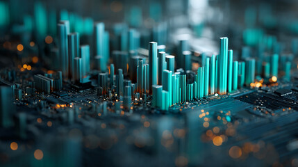 Poster - Abstract cityscape rendered on a circuit board, teal skyscrapers glowing on dark background, showcasing technological advancement and futuristic urban design