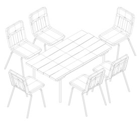 Poster - A table with six chairs around it. The chairs are all lined up in a row. The table is the center of the scene